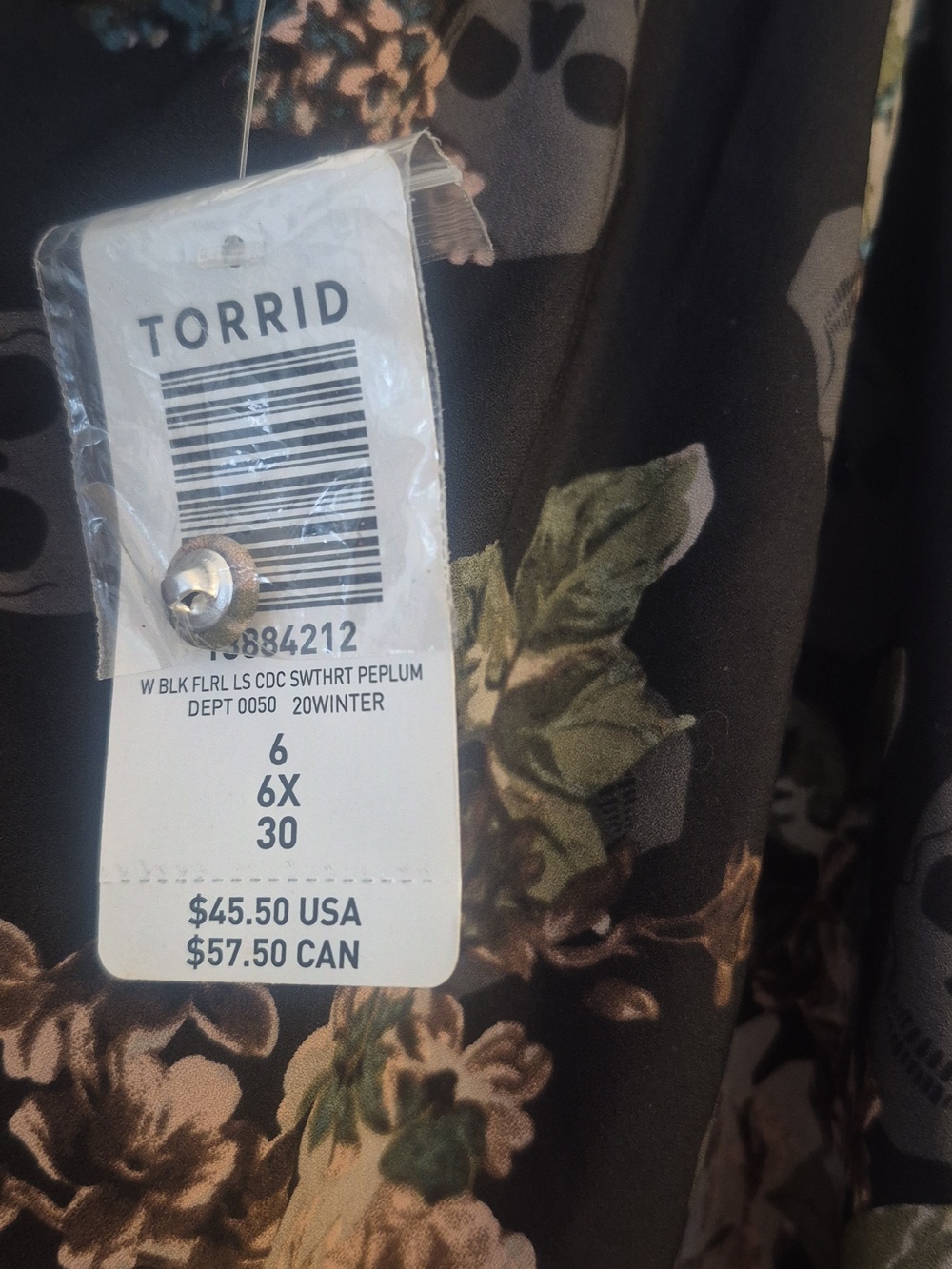 Torrid New With Tags Skull Floral Peplum Long Sleeve Top - 6X - Picture 7 of 9
